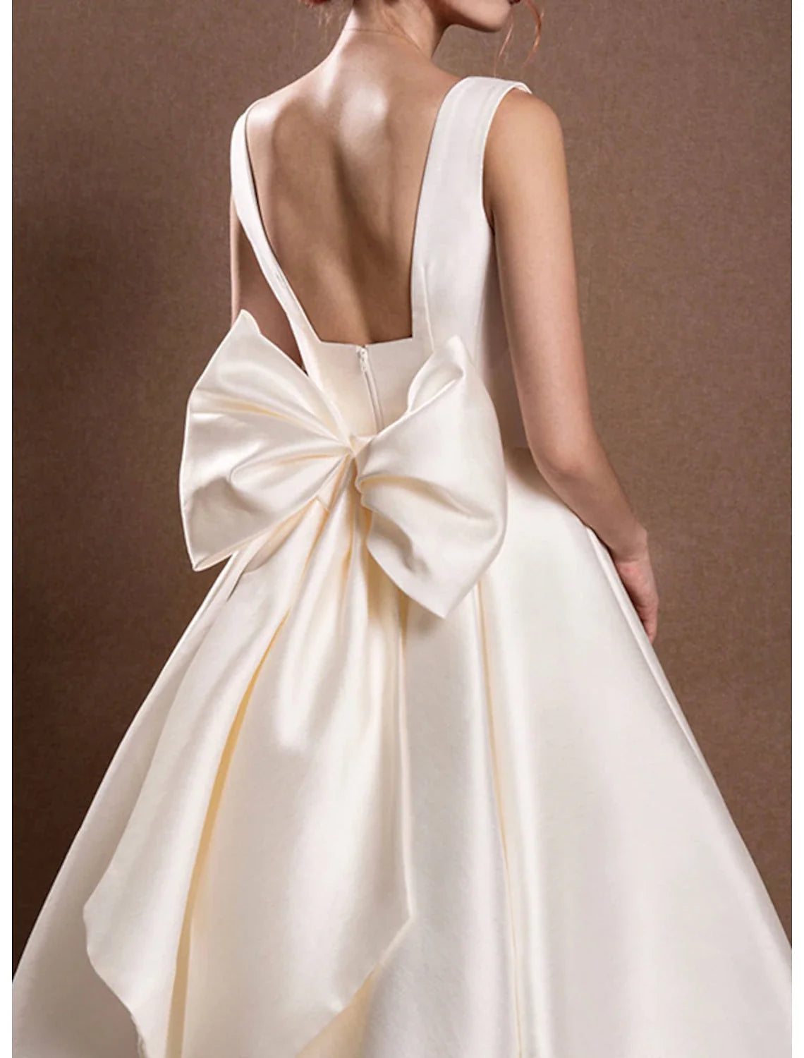 A-Line Off-Shoulder Satin Cap Sleeve Pleated Tea-Length Wedding Gown - Chloe Dress