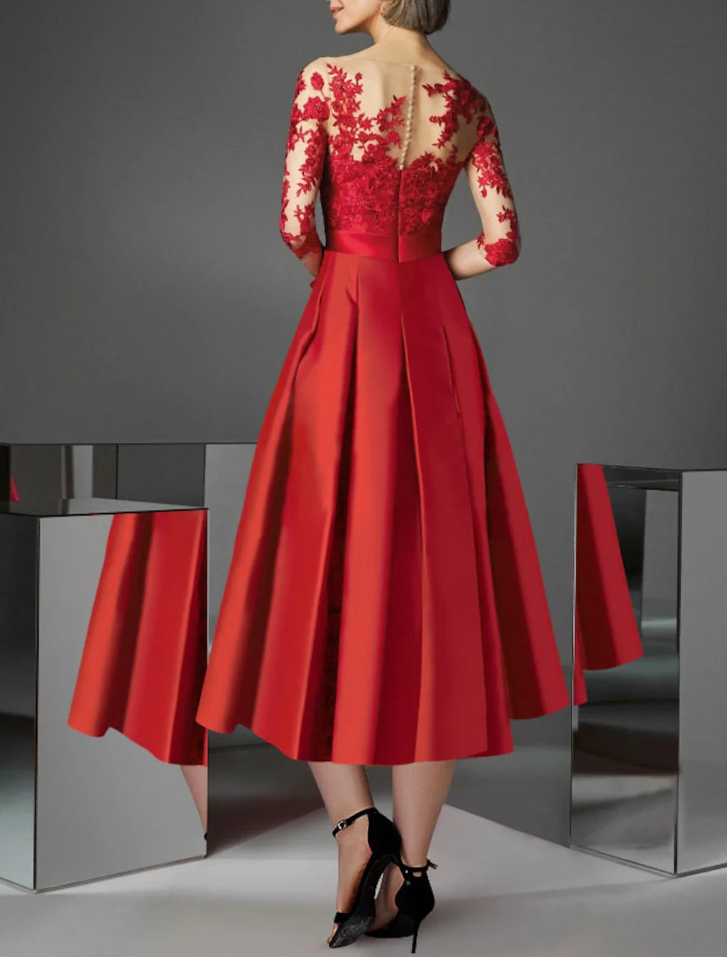 Green A-Line Off-Shoulder Satin Three-Quarter Sleeve Pleated Tea-Length Wedding Dress - Chloe Dress