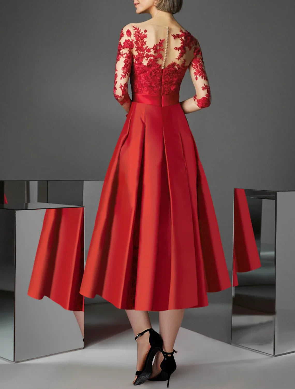Green A-Line Off-Shoulder Satin Three-Quarter Sleeve Pleated Tea-Length Wedding Dress - Chloe Dress