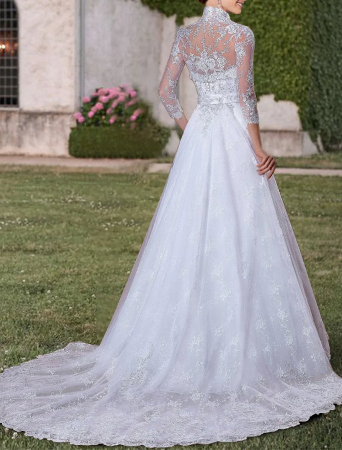 Sweetheart Lace Three-Quarter Sleeve Train Wedding Gown - Chloe Dress