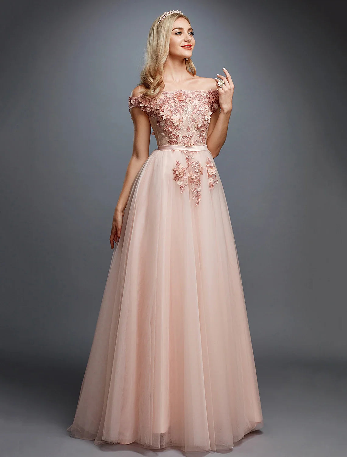 A-Line Off-Shoulder Tulle Sleeveless Train Prom Dress - Chloe Dress