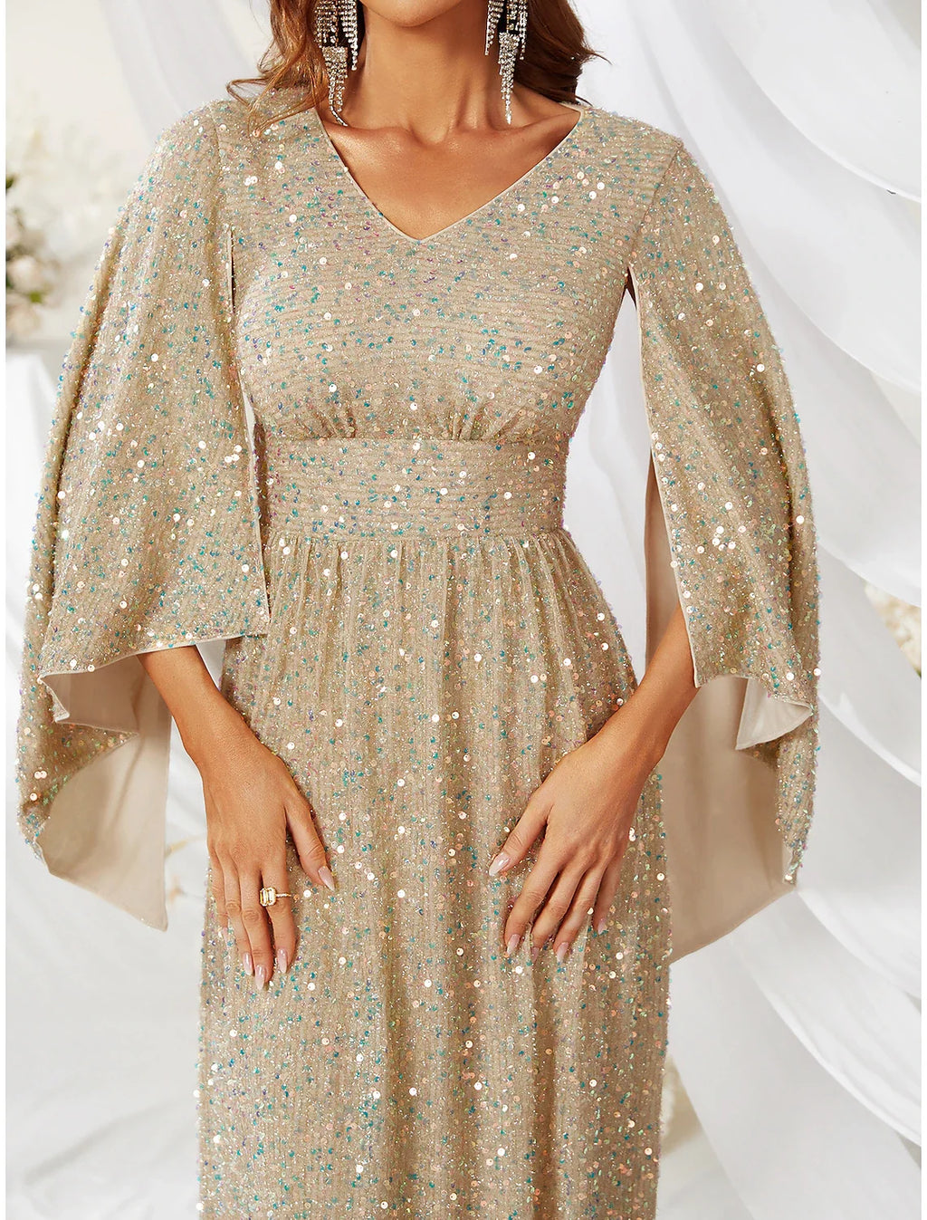 A-Line V-Neck Sequin Long Sleeve Train Evening Gown - Chloe Dress