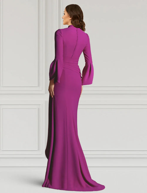 Sheath V-Neck Long Sleeve Ruffled Floor-Length Evening Gown - Chloe Dress