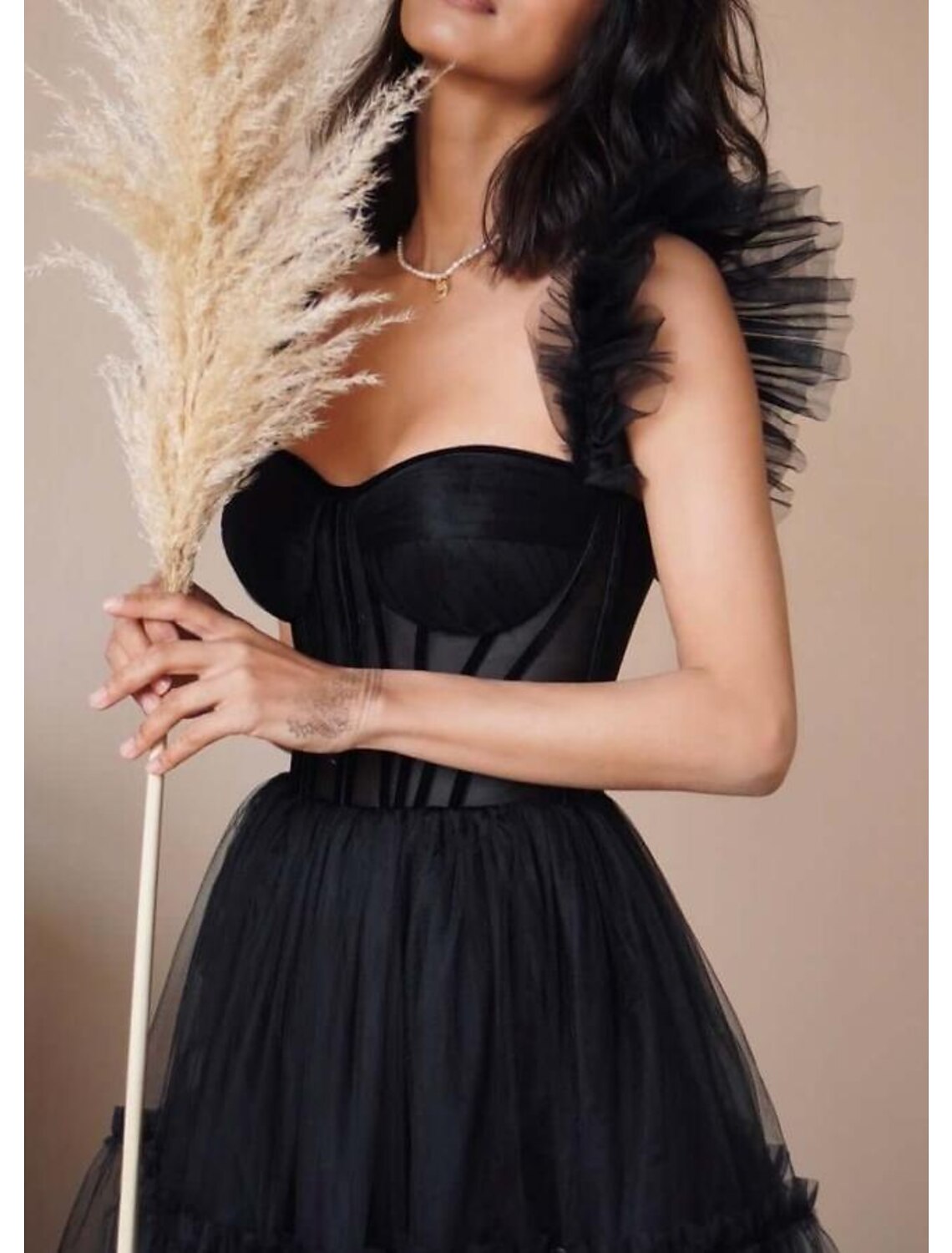 Black A-Line Sweetheart Tulle Sleeveless Ruffled Ankle-Length Prom Dress - Chloe Dress