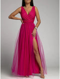 A-Line V-Neck Polyester Sleeveless High Slit Floor-Length Prom Dress - Chloe Dress