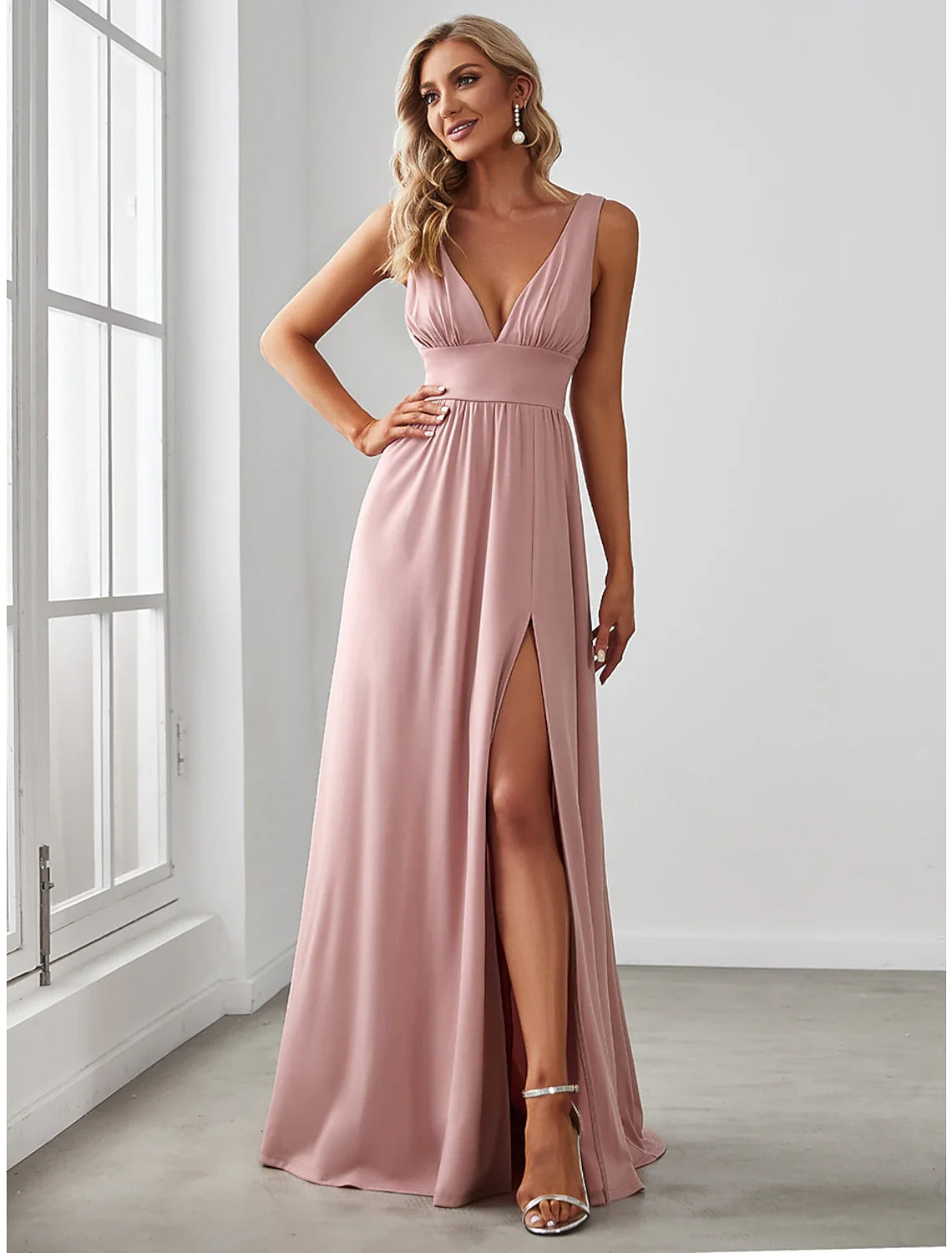 A-Line V-Neck Chiffon Sleeveless High Slit Floor-Length Evening Dress - Chloe Dress