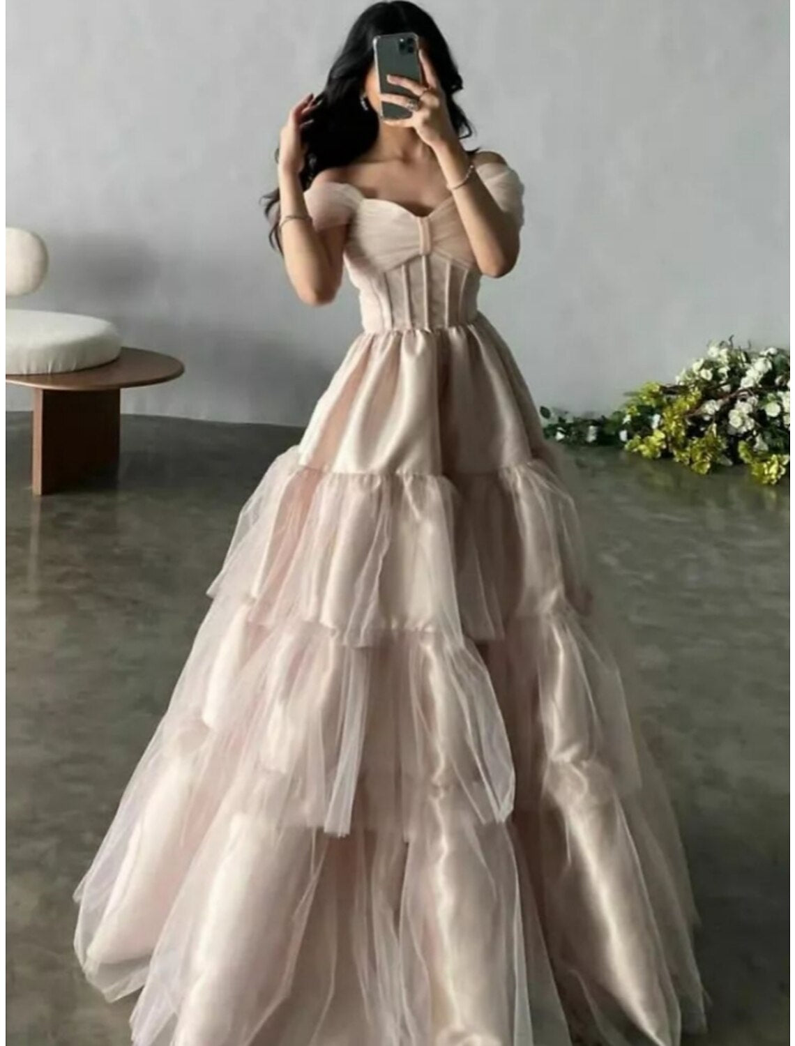 A-Line Off-Shoulder Satin Short Sleeve Pleated Floor-Length Evening Gown - Chloe Dress