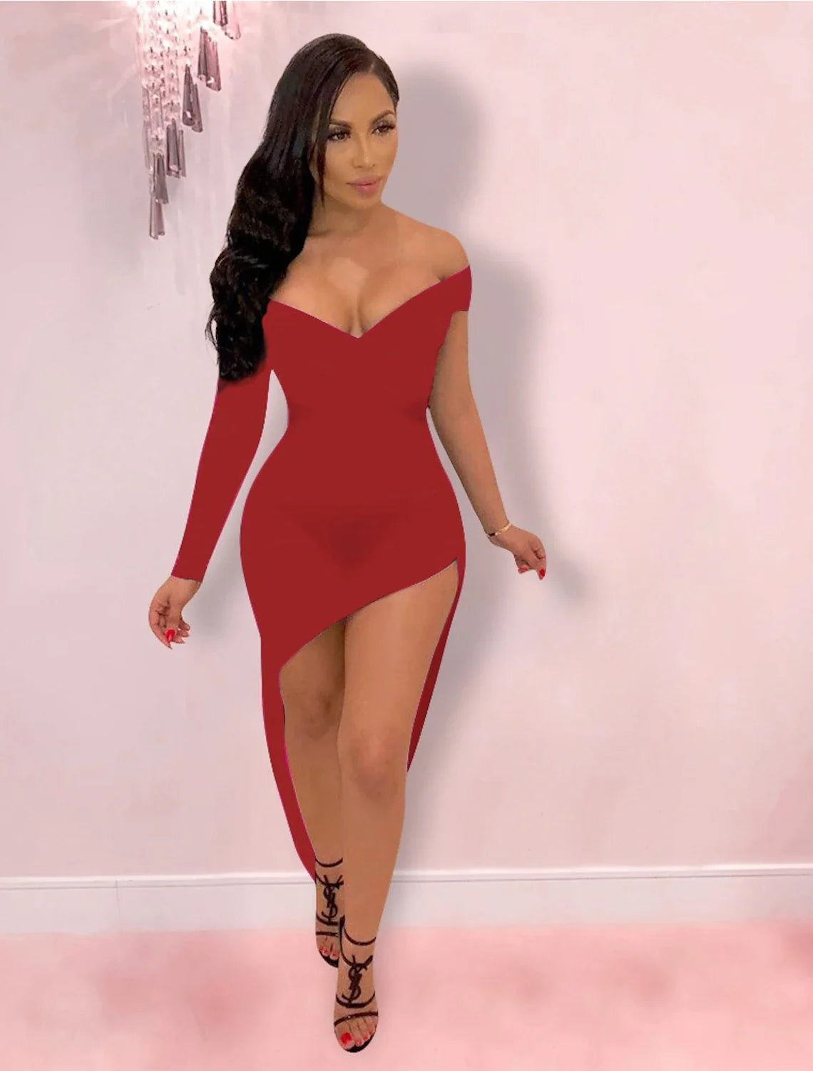 Bodycon V-Neck Long Sleeve High Slit Party Dress - Chloe Dress