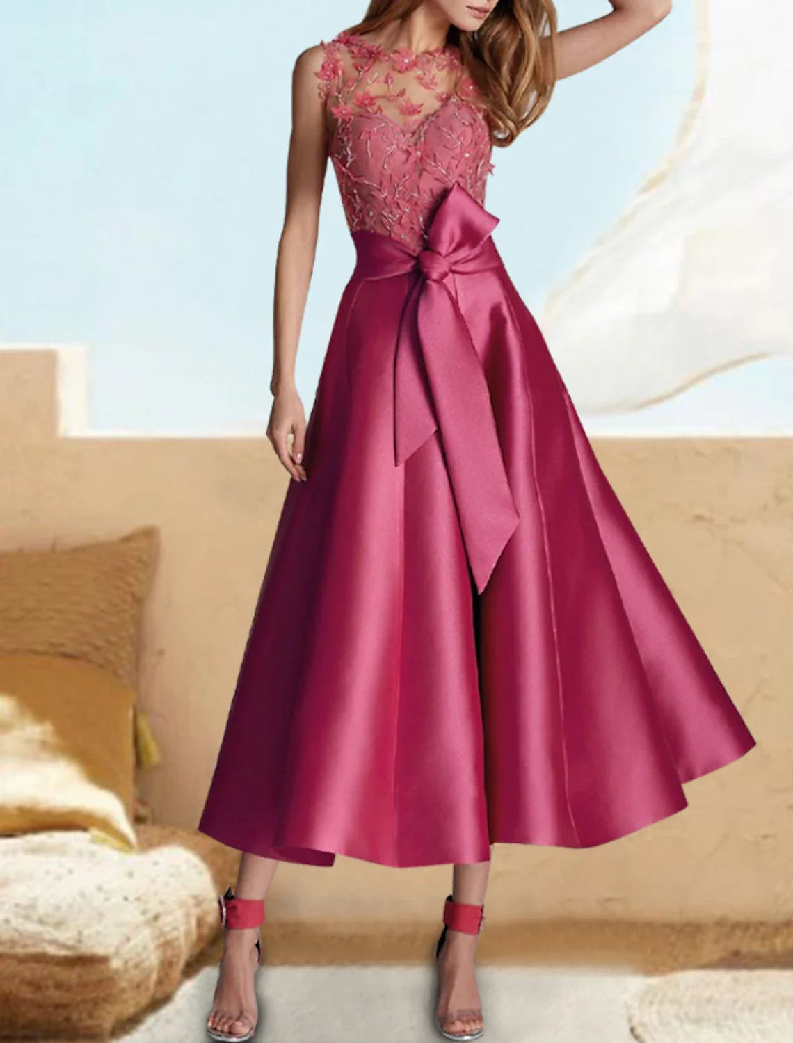 A-Line Satin Sleeveless Applique Tea-Length Wedding Dress - Chloe Dress