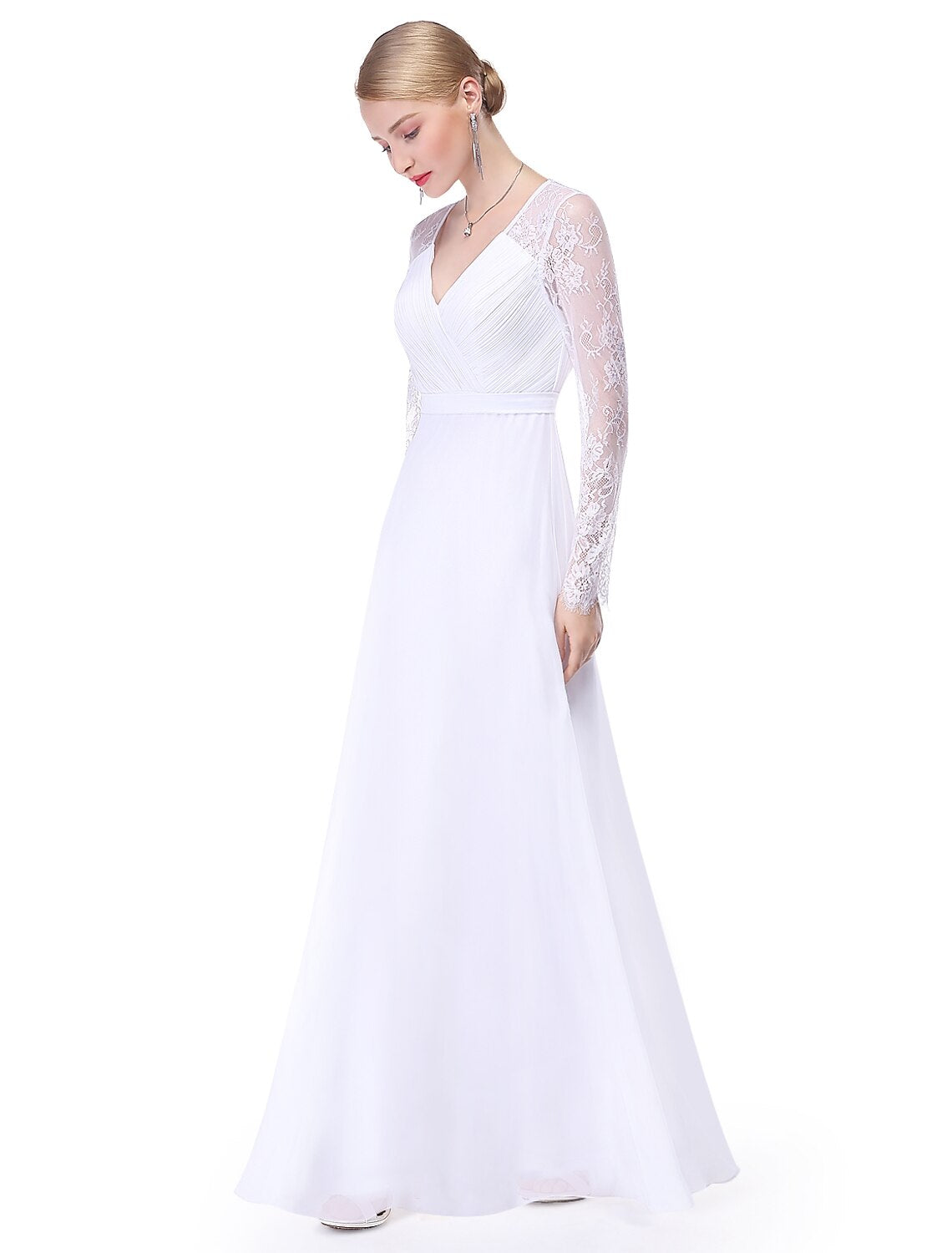 A-Line V-Neck Chiffon Long Sleeve Floor-Length Evening Gown - Chloe Dress