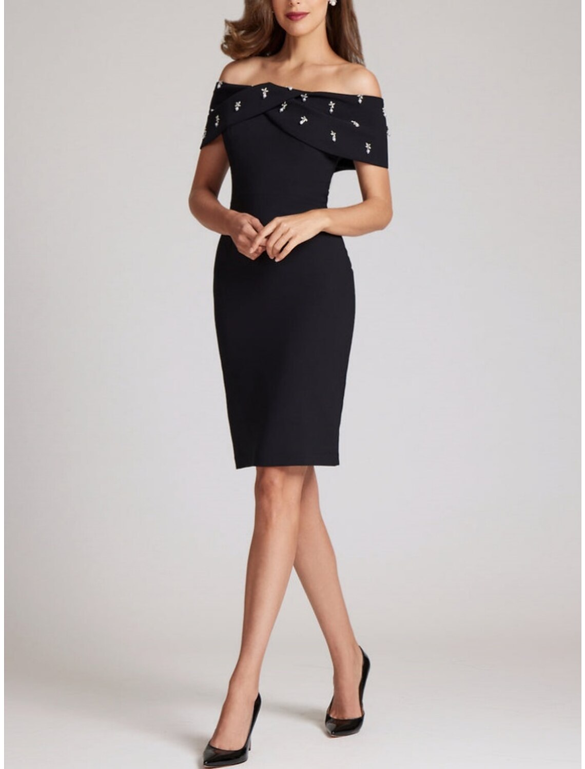 Black Sheath Off-Shoulder Short Sleeve Mini Wedding Dress - Chloe Dress