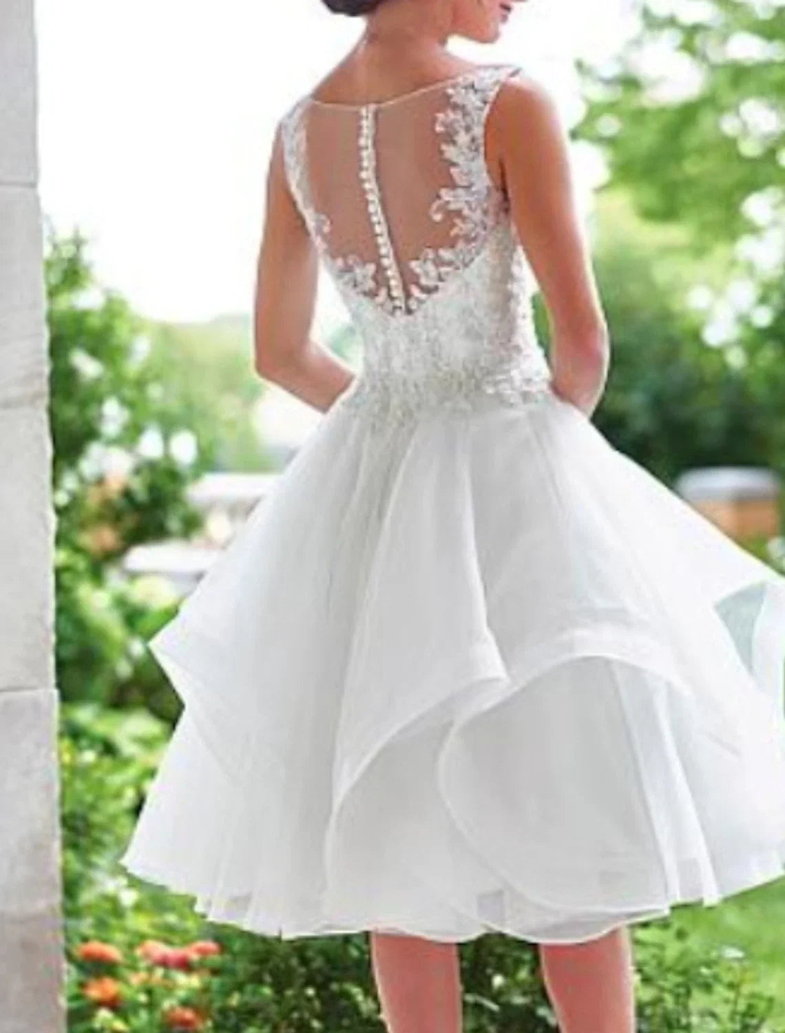 White A-Line V-Neck Lace Sleeveless Ruffled Knee-Length Wedding Gown - Chloe Dress