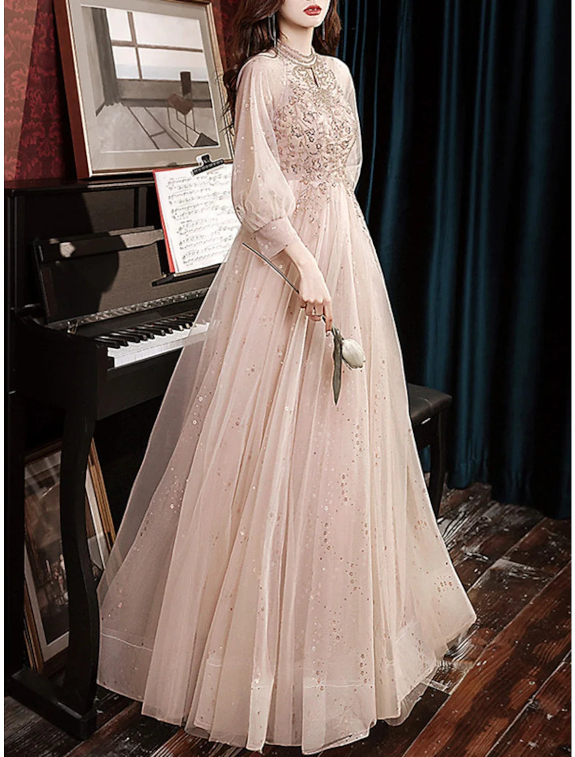 A-Line Tulle Long Sleeve Pleated Floor-Length Evening Dress - Chloe Dress