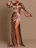 Green Mermaid V-Neck Satin Long Sleeve High Slit Evening Gown - Chloe Dress