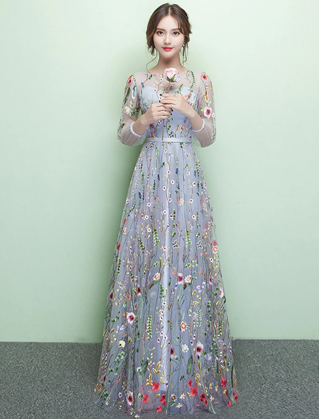A-Line Lace Three-Quarter Sleeve Floor-Length Evening Dress - Chloe Dress