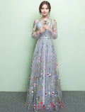 A-Line Lace Three-Quarter Sleeve Floor-Length Evening Dress - Chloe Dress