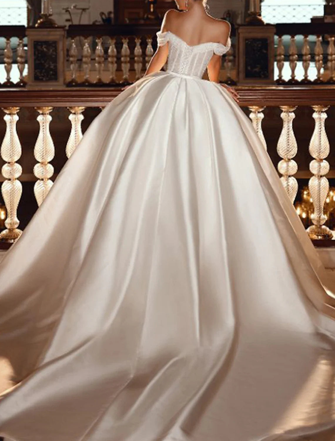 Ball Gown Off-Shoulder Satin Cap Sleeve Train Wedding Gown - Chloe Dress