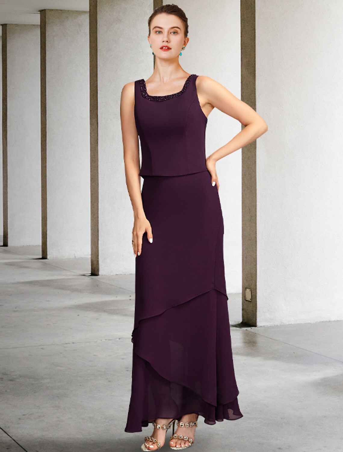 A-Line Square Neck Chiffon Sleeveless Wrap Ankle-Length Dress - Chloe Dress
