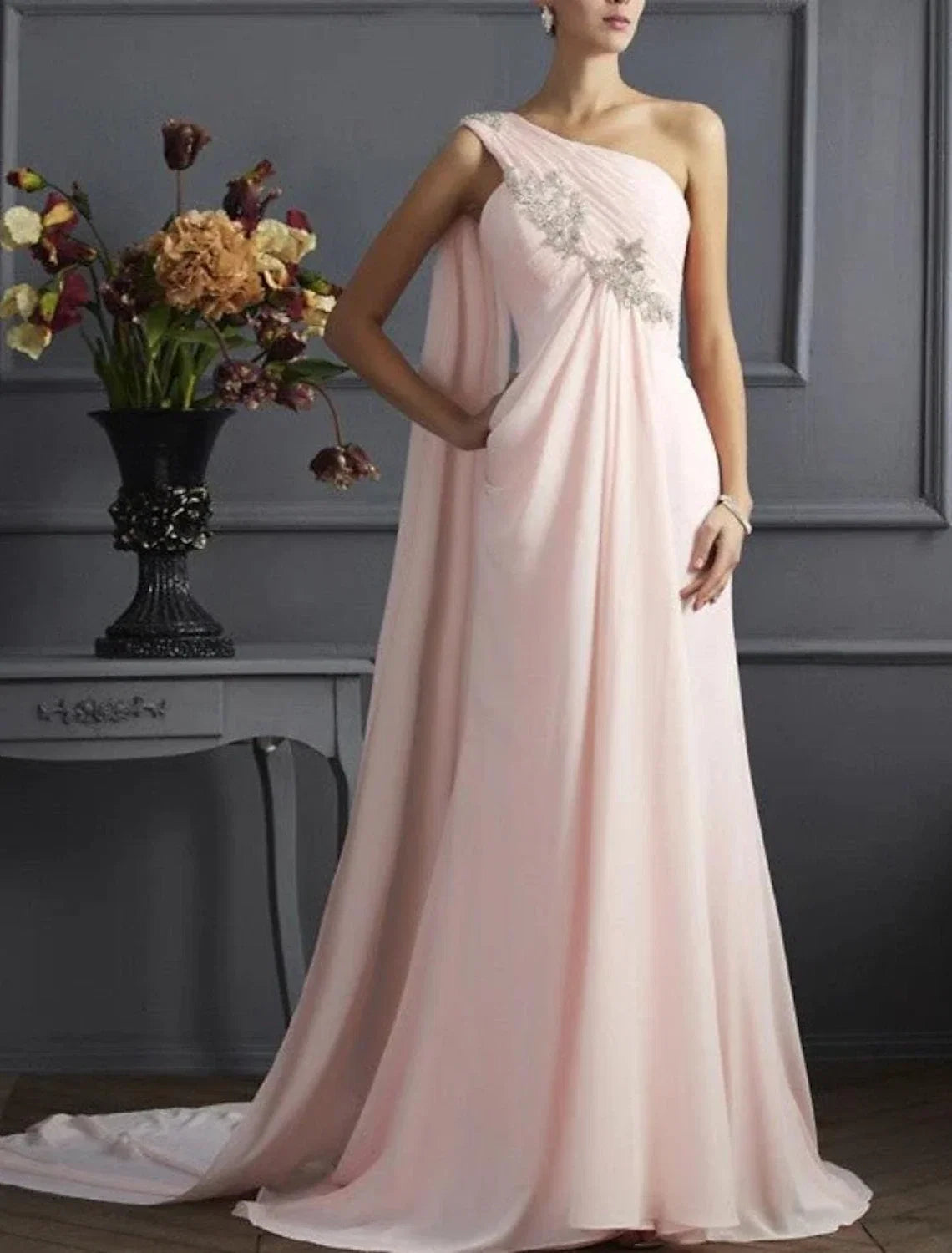 A-Line One-Shoulder Chiffon Sleeveless Train Evening Dress - Chloe Dress