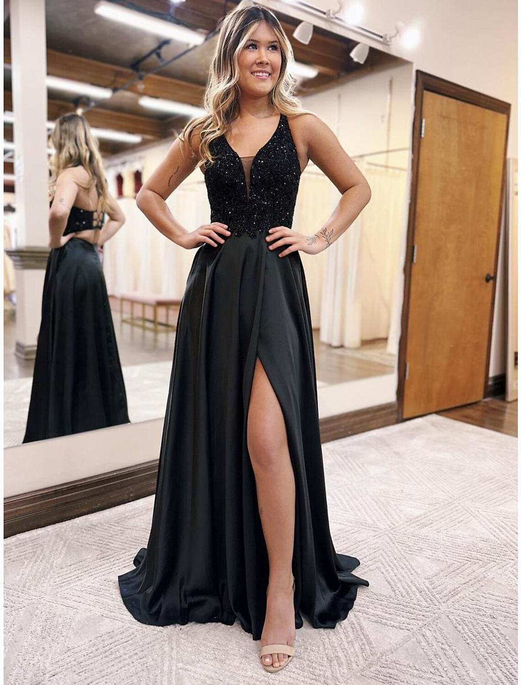 A-Line V-Neck Satin Sleeveless Backless Applique Floor-Length Evening Gown - Chloe Dress