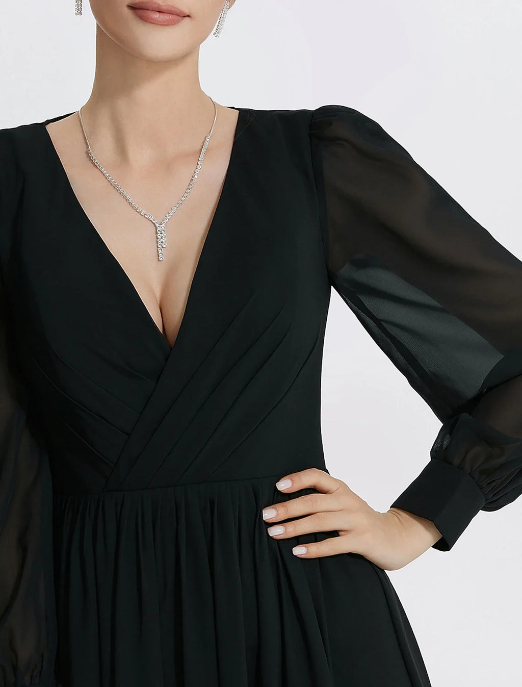 A-Line V-Neck Chiffon Long Sleeve High Slit Floor-Length Evening Gown - Chloe Dress