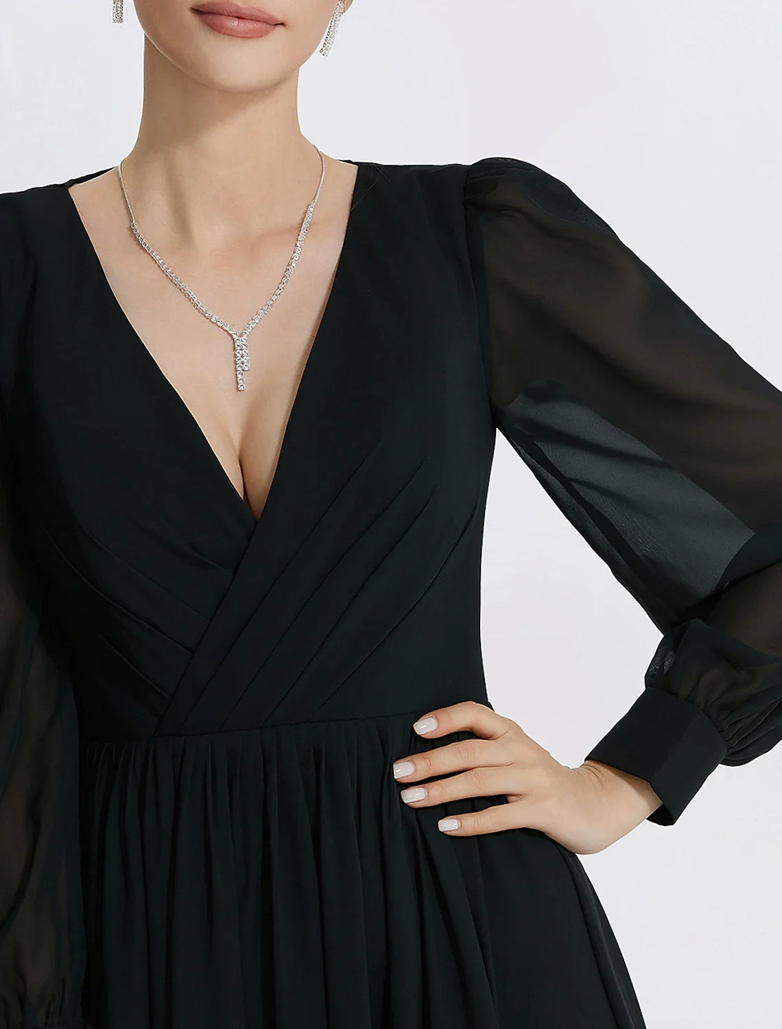 A-Line V-Neck Chiffon Long Sleeve High Slit Floor-Length Evening Gown - Chloe Dress