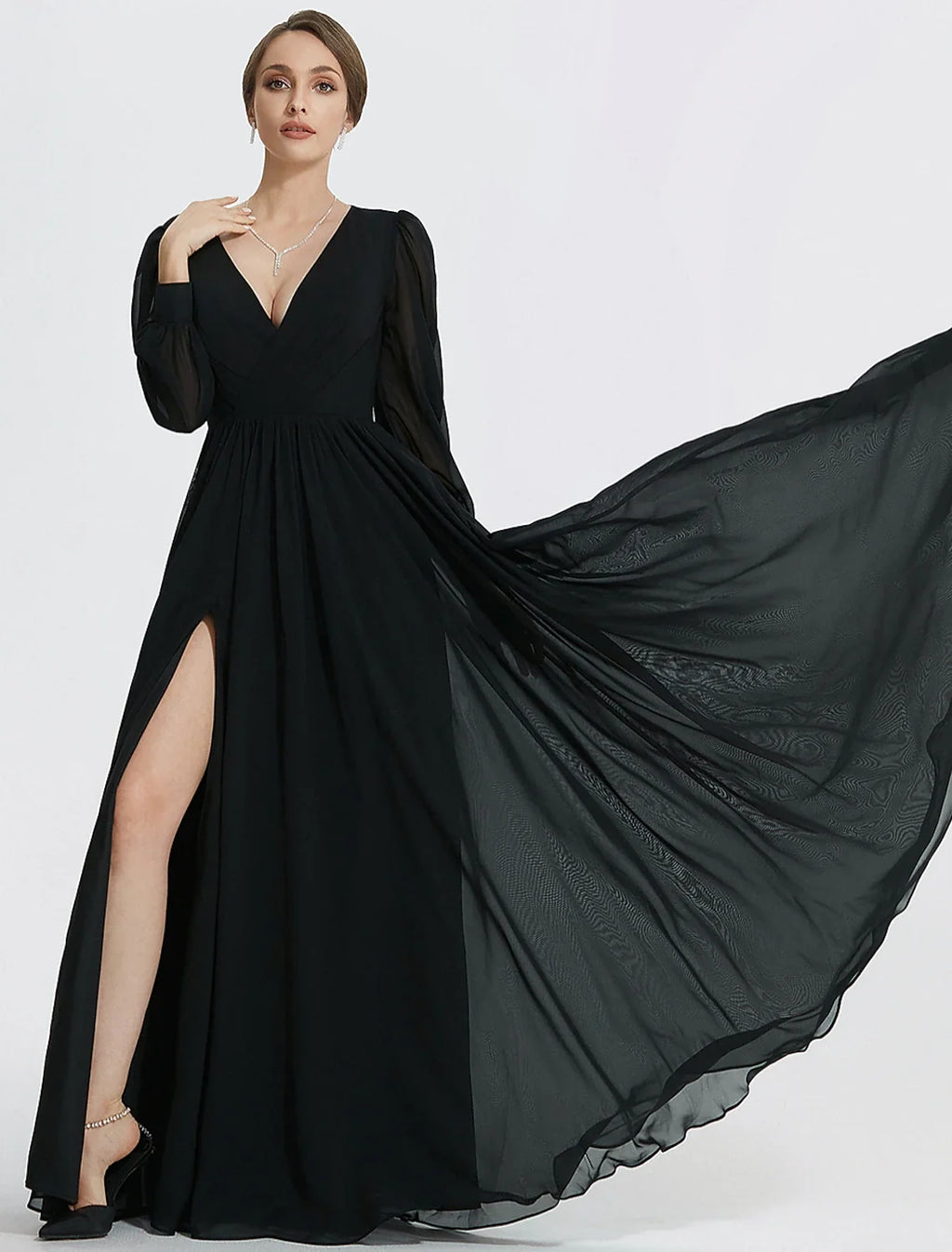 A-Line V-Neck Chiffon Long Sleeve High Slit Floor-Length Evening Gown - Chloe Dress
