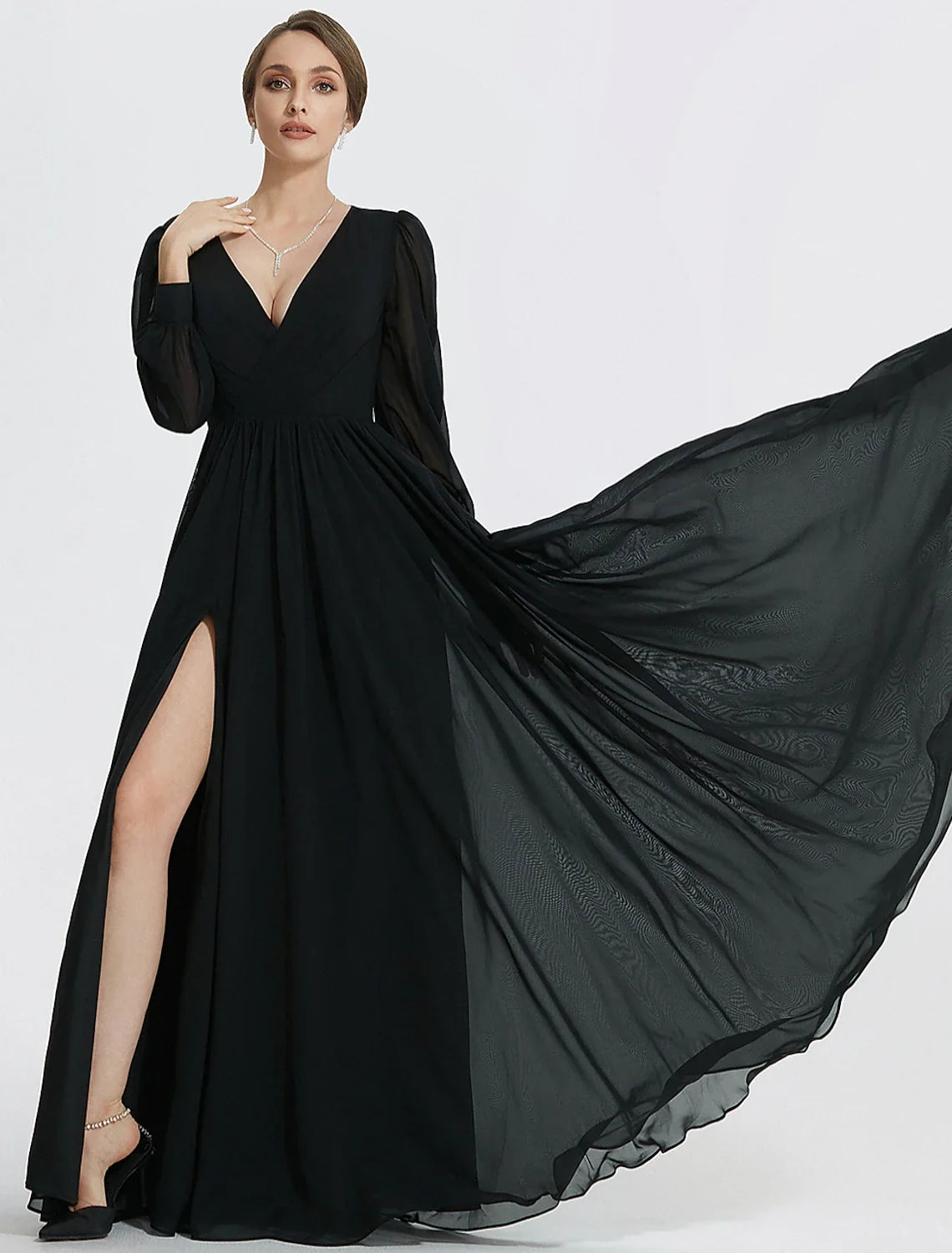 A-Line V-Neck Chiffon Long Sleeve High Slit Floor-Length Evening Gown - Chloe Dress