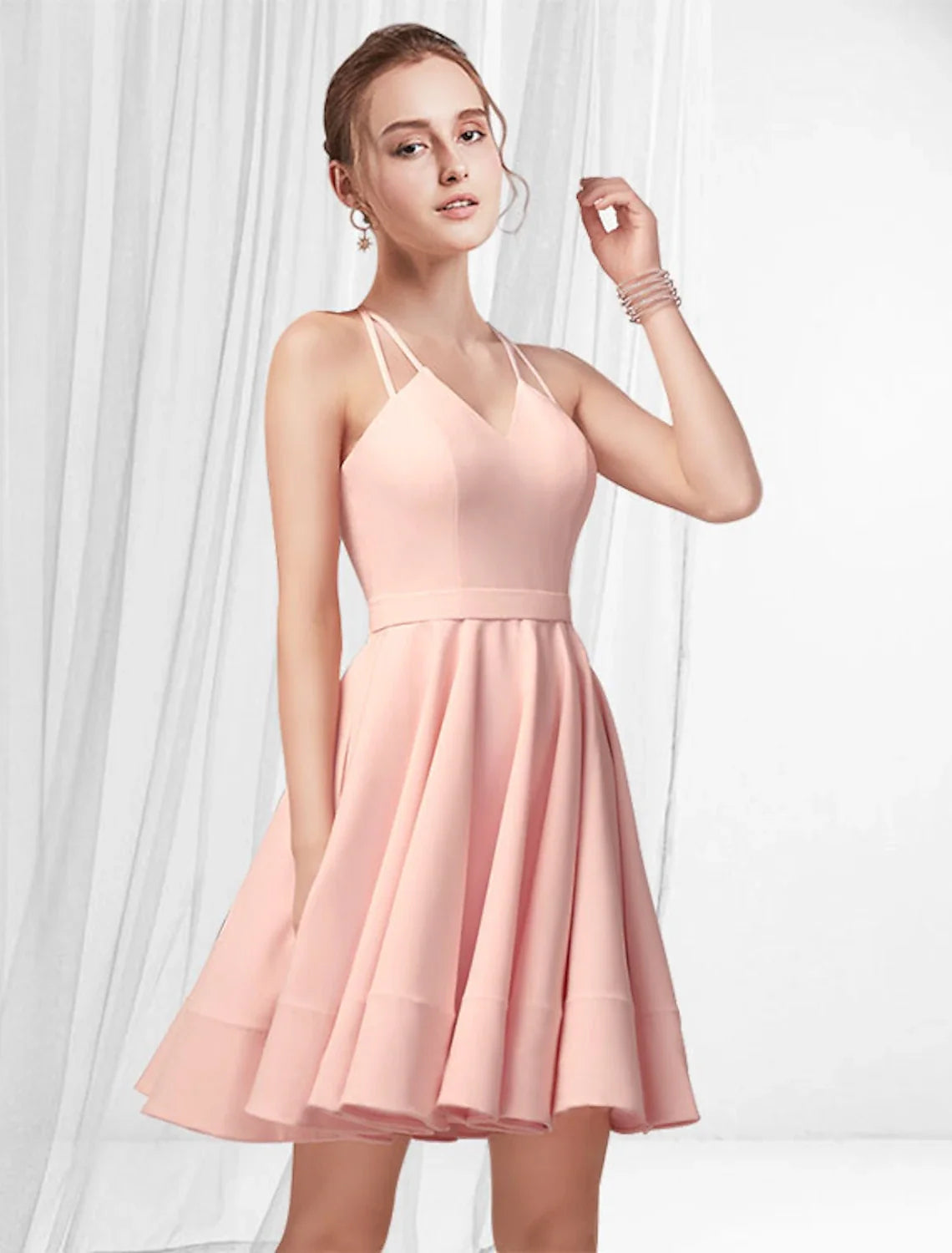 Pink A-Line Spaghetti Strap Satin Sleeveless Pleated Mini Cocktail Dress - Chloe Dress
