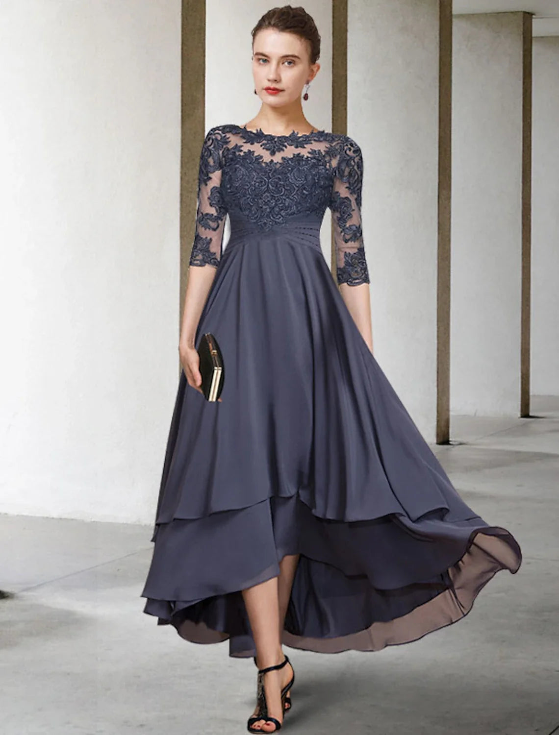 A-Line High Neck Chiffon Short Sleeve Asymmetric Mini Dress - Chloe Dress