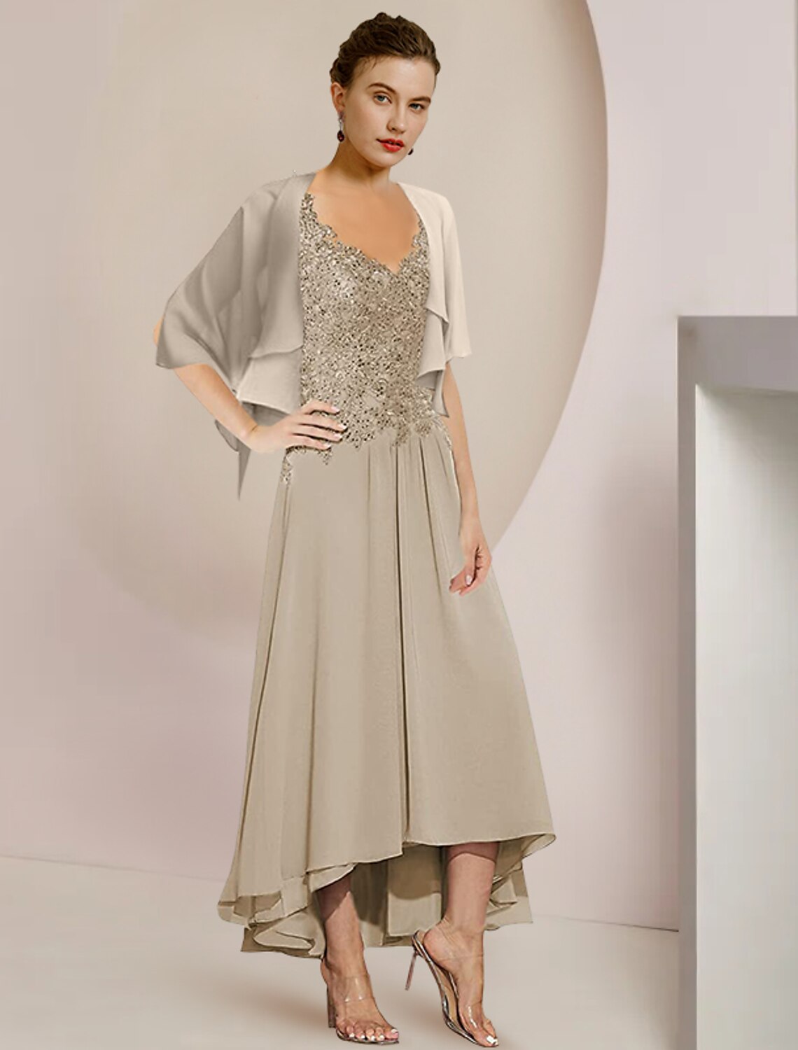 A-Line V-Neck Chiffon Three-Quarter Sleeve Wrap Tea-Length Wedding Dress - Chloe Dress