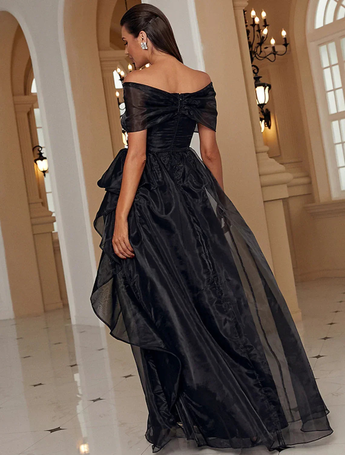 A-Line Off-Shoulder Polyester Short Sleeve High Slit Floor-Length Evening Gown - Chloe Dress