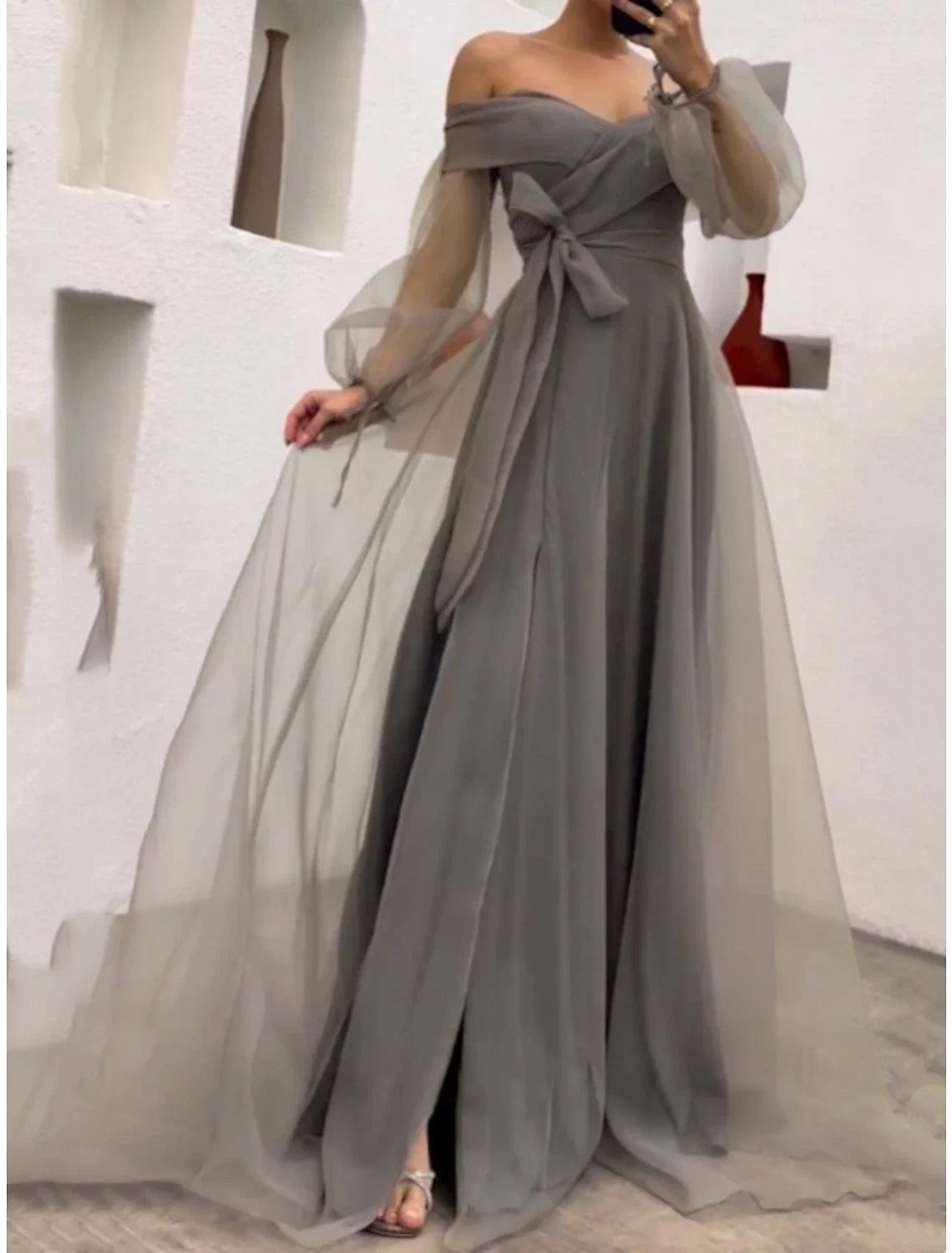 Sheath Off-Shoulder Tulle Long Sleeve High Slit Prom Dress - Chloe Dress