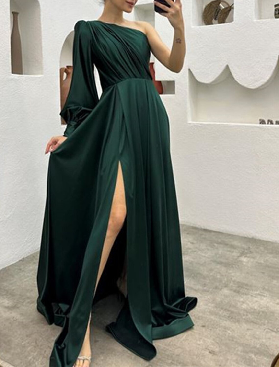 A-Line One-Shoulder Long Sleeve High Slit Evening Gown - Chloe Dress