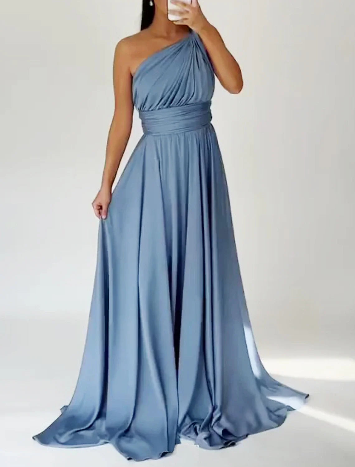Black A-Line One-Shoulder Satin Sleeveless Train Evening Gown - Chloe Dress