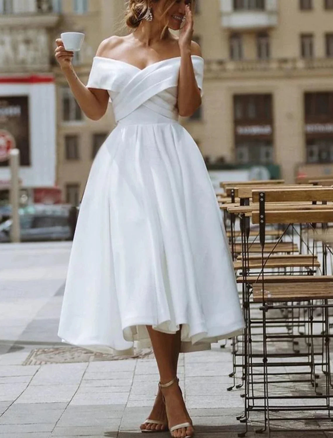 White A-Line Off-Shoulder Satin Short Sleeve Mini Wedding Gown - Chloe Dress