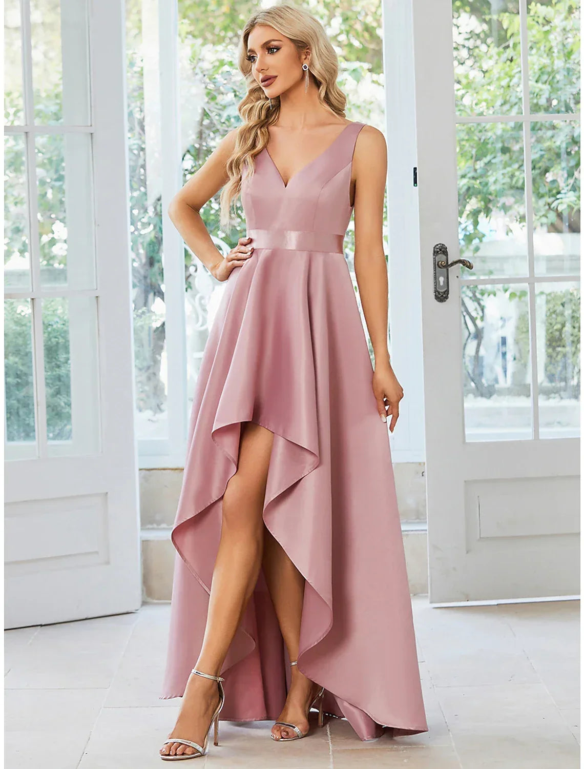A-Line V-Neck Satin Sleeveless Ruffled Wedding Dress - Chloe Dress