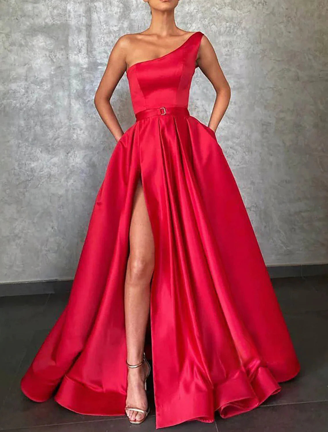 Green A-Line One-Shoulder Satin Sleeveless High Slit Evening Gown - Chloe Dress