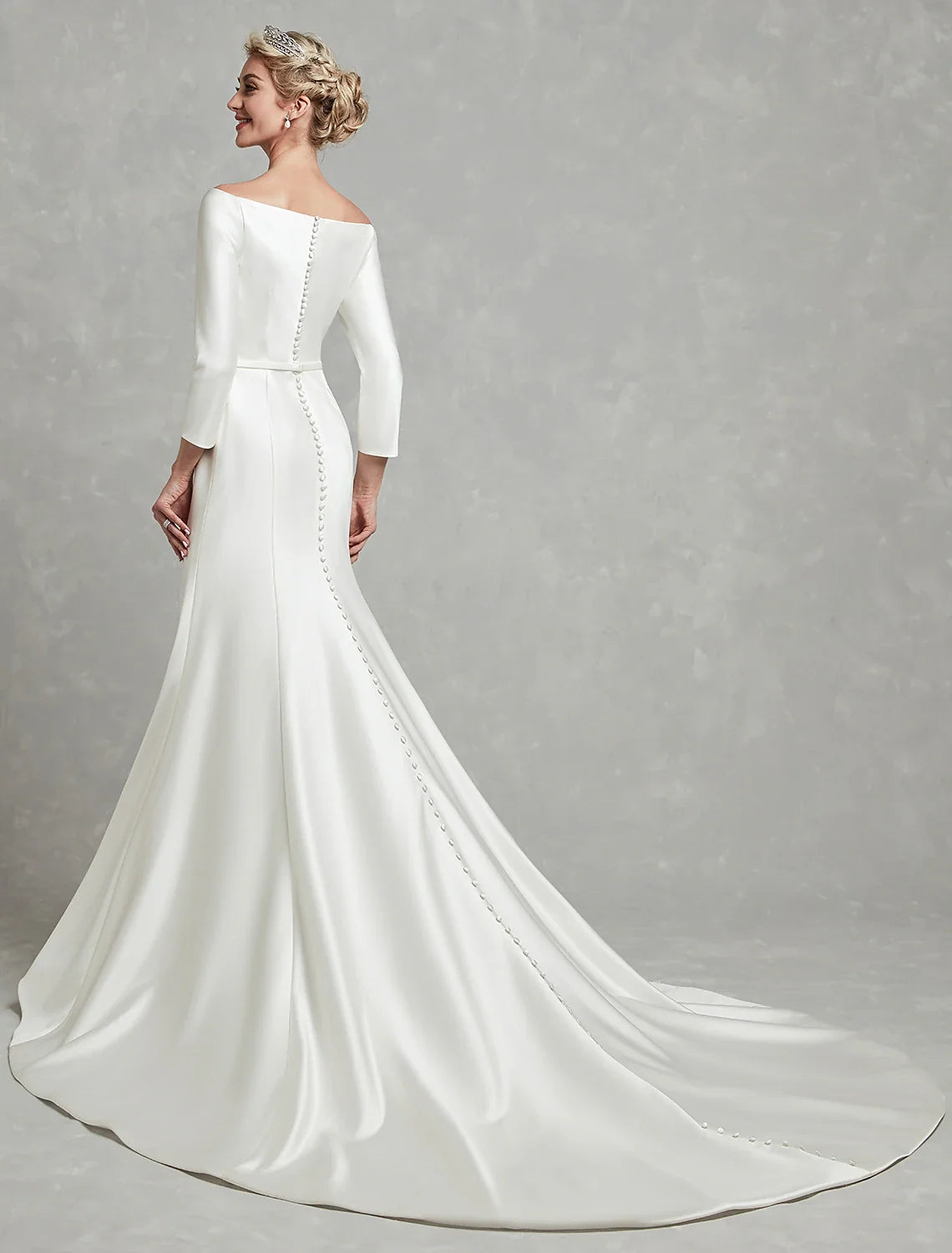 Mermaid Off-Shoulder Satin Three-Quarter Sleeve Pleated Wedding Gown - Chloe Dress