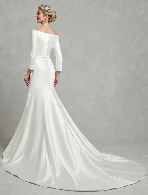 Mermaid Off-Shoulder Satin Three-Quarter Sleeve Pleated Wedding Gown - Chloe Dress