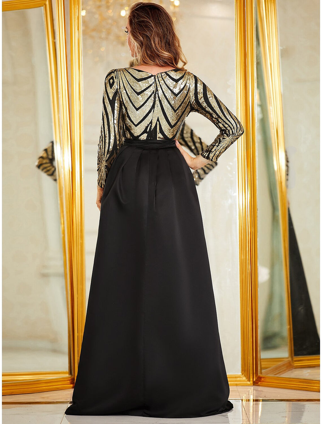 Mermaid V-Neck Sequin Long Sleeve Floor-Length Evening Gown - Chloe Dress
