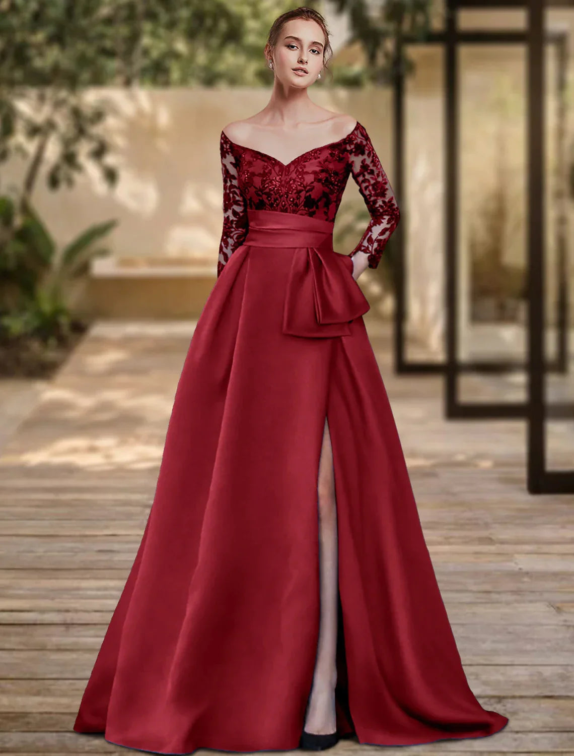 Sheath Off-Shoulder Sequin Three-Quarter Sleeve High Slit Evening Gown - Chloe Dress