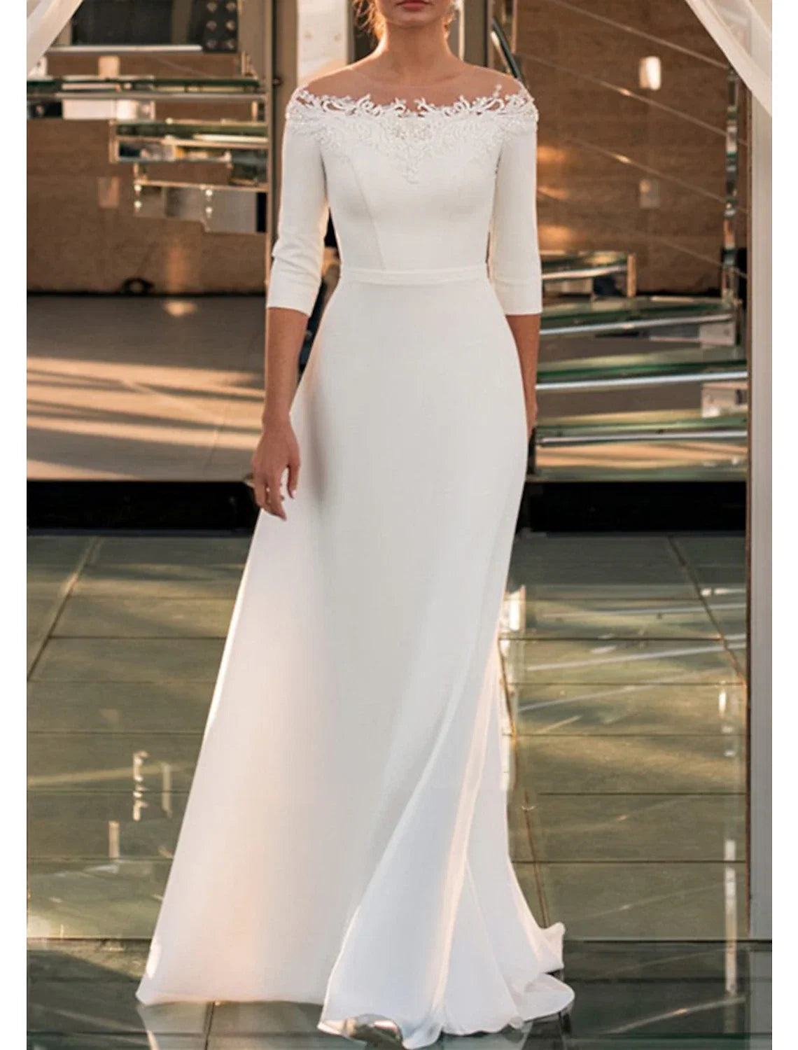 A-Line Off-Shoulder Lace Three-Quarter Sleeve Train Wedding Gown - Chloe Dress