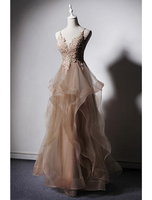 A-Line Spaghetti Strap Lace Sleeveless Open Back Ruffled Floor-Length Prom Dress - Chloe Dress