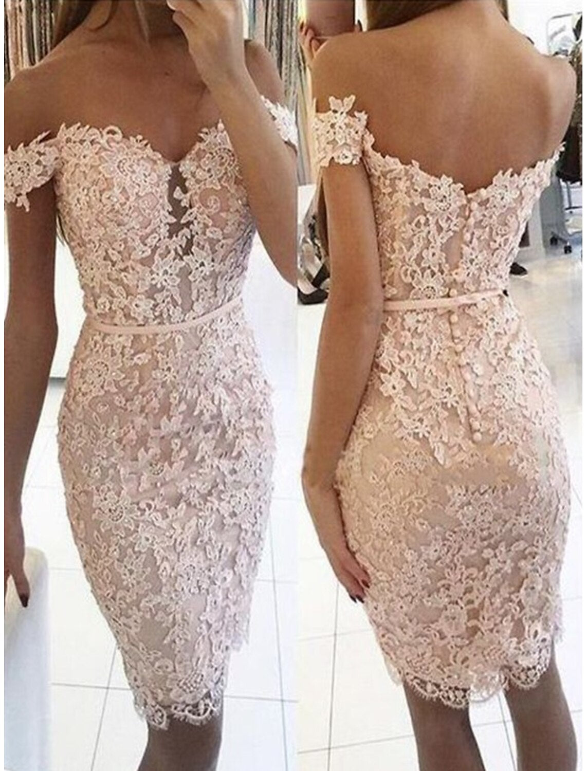 Sheath Off-Shoulder Lace Sleeveless Applique Mini Wedding Dress - Chloe Dress