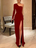 Black Sheath One-Shoulder Long Sleeve High Slit Floor-Length Evening Gown - Chloe Dress