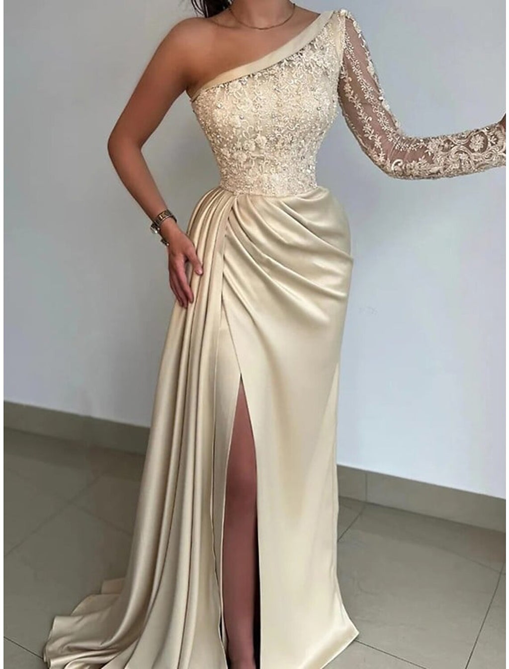 Black Mermaid One-Shoulder Satin Long Sleeve Train Evening Gown - Chloe Dress