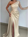 Black Mermaid One-Shoulder Satin Long Sleeve Train Evening Gown - Chloe Dress