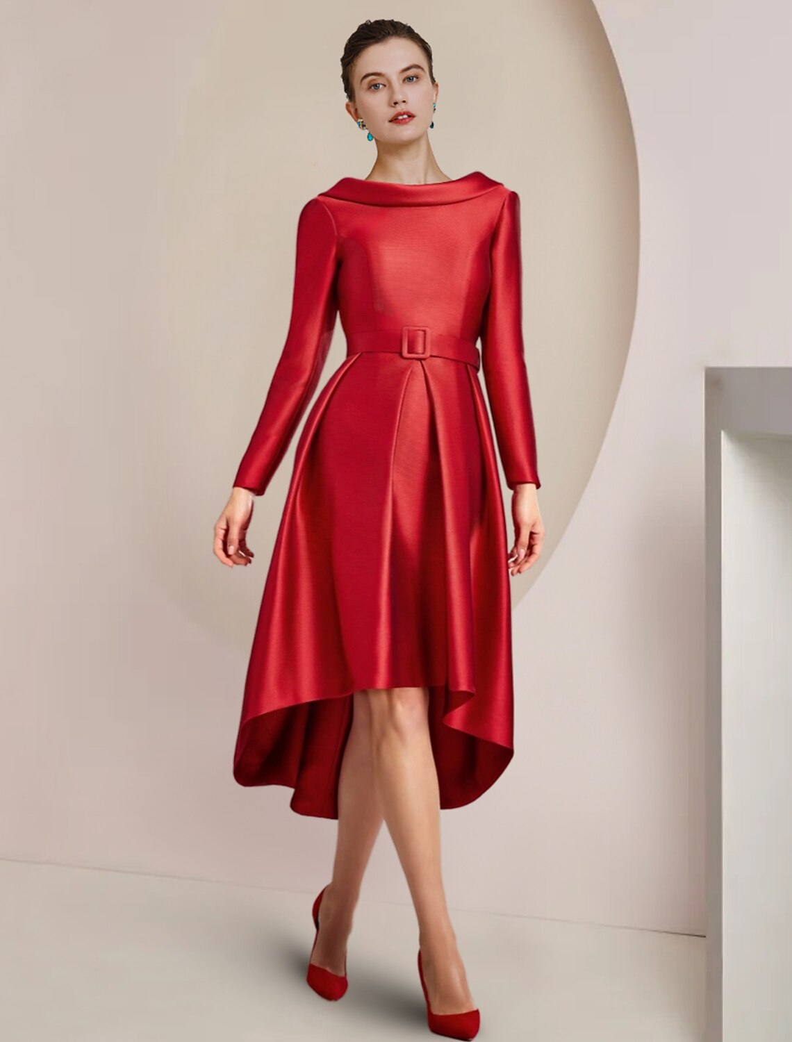 A-Line High Neck Satin Long Sleeve Asymmetric Knee-Length Wedding Dress - Chloe Dress