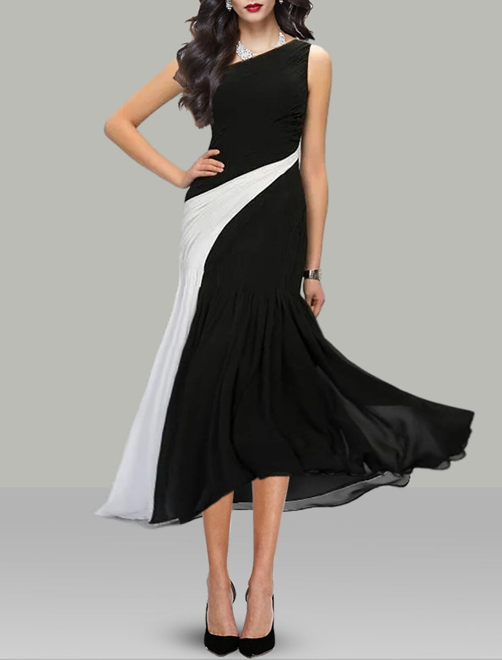 Black A-Line One-Shoulder Chiffon Sleeveless Tea-Length Wedding Dress - Chloe Dress